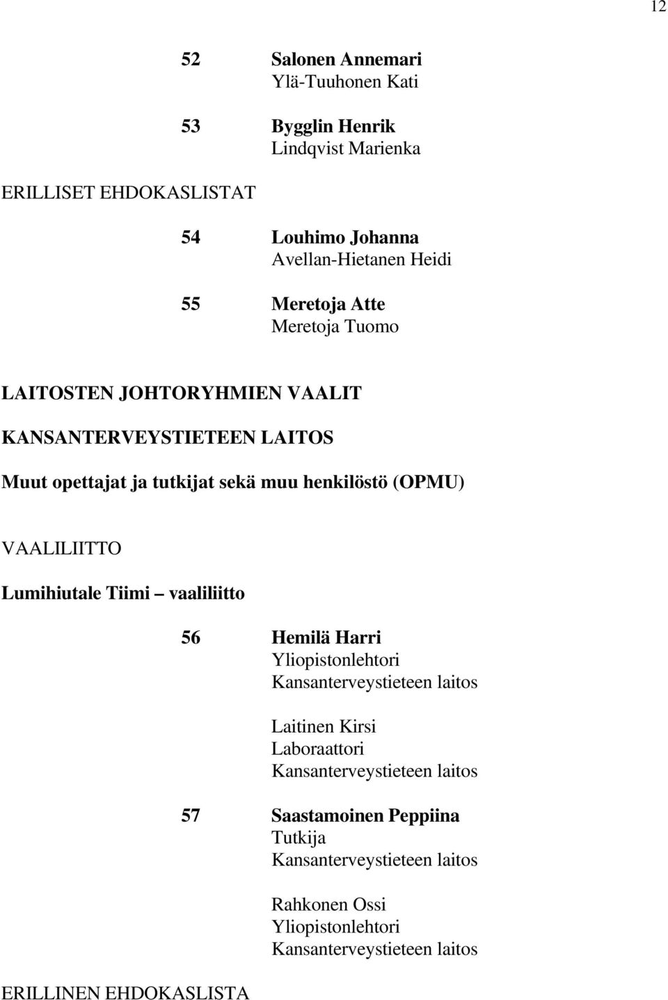 tutkijat sekä muu henkilöstö (OPMU) VAALILIITTO Lumihiutale Tiimi vaaliliitto ERILLINEN EHDOKASLISTA 56 Hemilä Harri