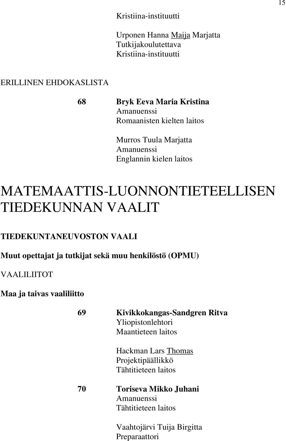 VAALI Muut opettajat ja tutkijat sekä muu henkilöstö (OPMU) VAALILIITOT Maa ja taivas vaaliliitto 69 Kivikkokangas-Sandgren Ritva Maantieteen