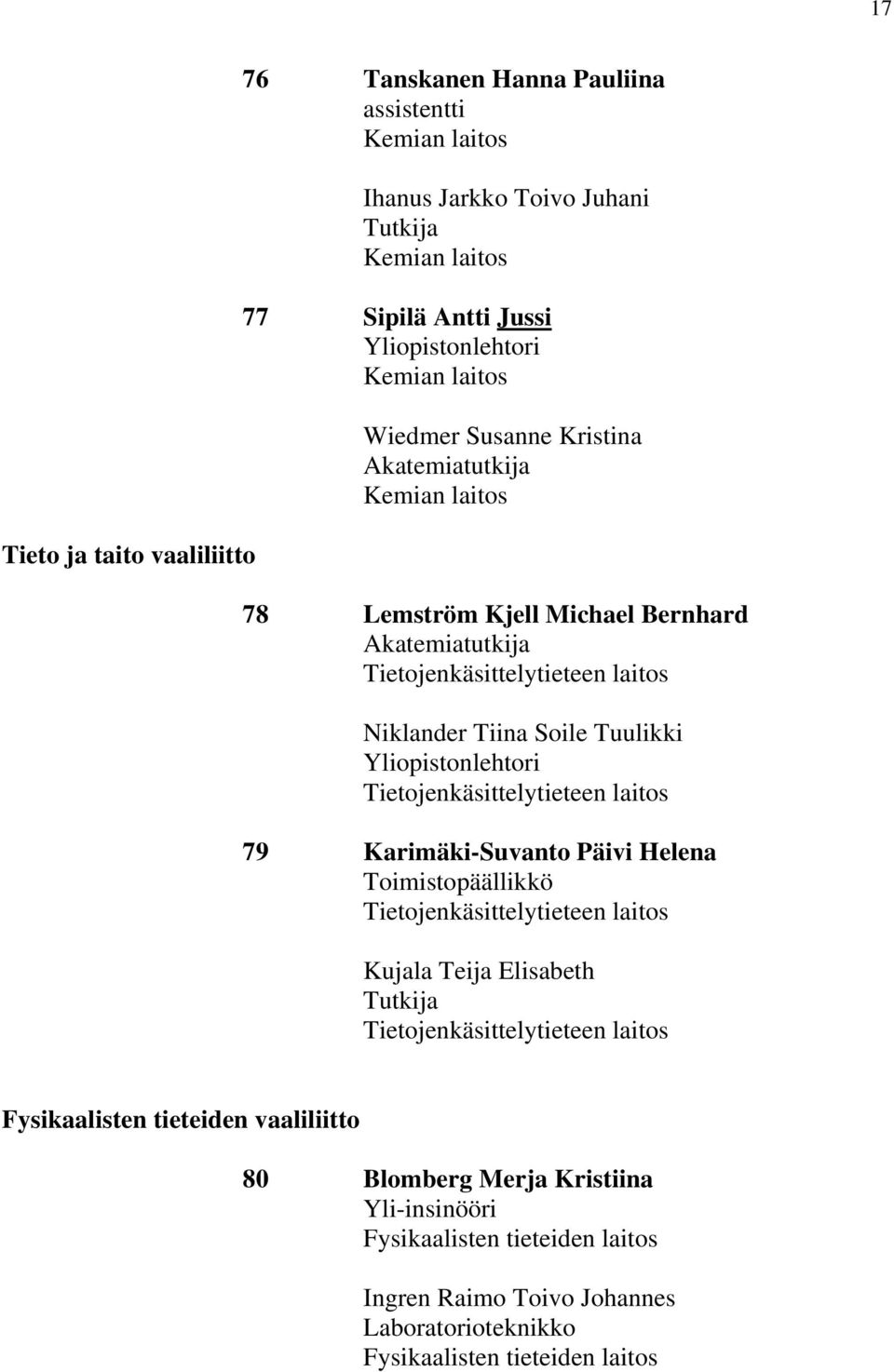 Tiina Soile Tuulikki Tietojenkäsittelytieteen laitos 79 Karimäki-Suvanto Päivi Helena Toimistopäällikkö Tietojenkäsittelytieteen laitos Kujala Teija