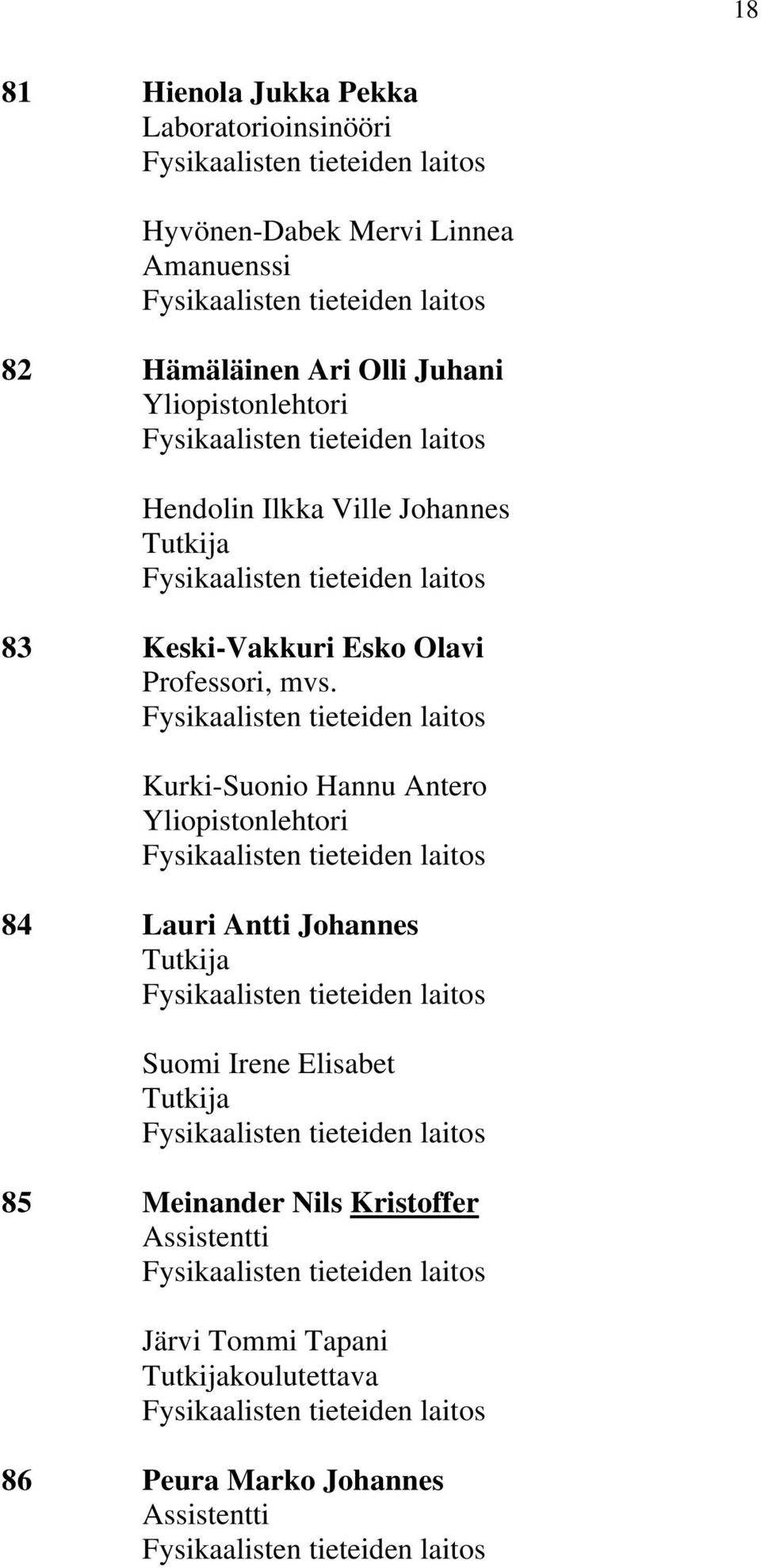 Kurki-Suonio Hannu Antero 84 Lauri Antti Johannes Suomi Irene Elisabet 85 Meinander Nils