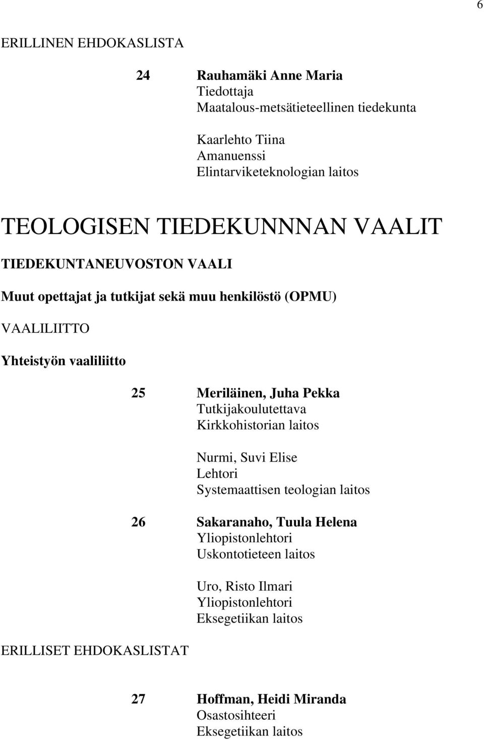 ERILLISET EHDOKASLISTAT 25 Meriläinen, Juha Pekka koulutettava Kirkkohistorian laitos Nurmi, Suvi Elise Lehtori Systemaattisen teologian laitos