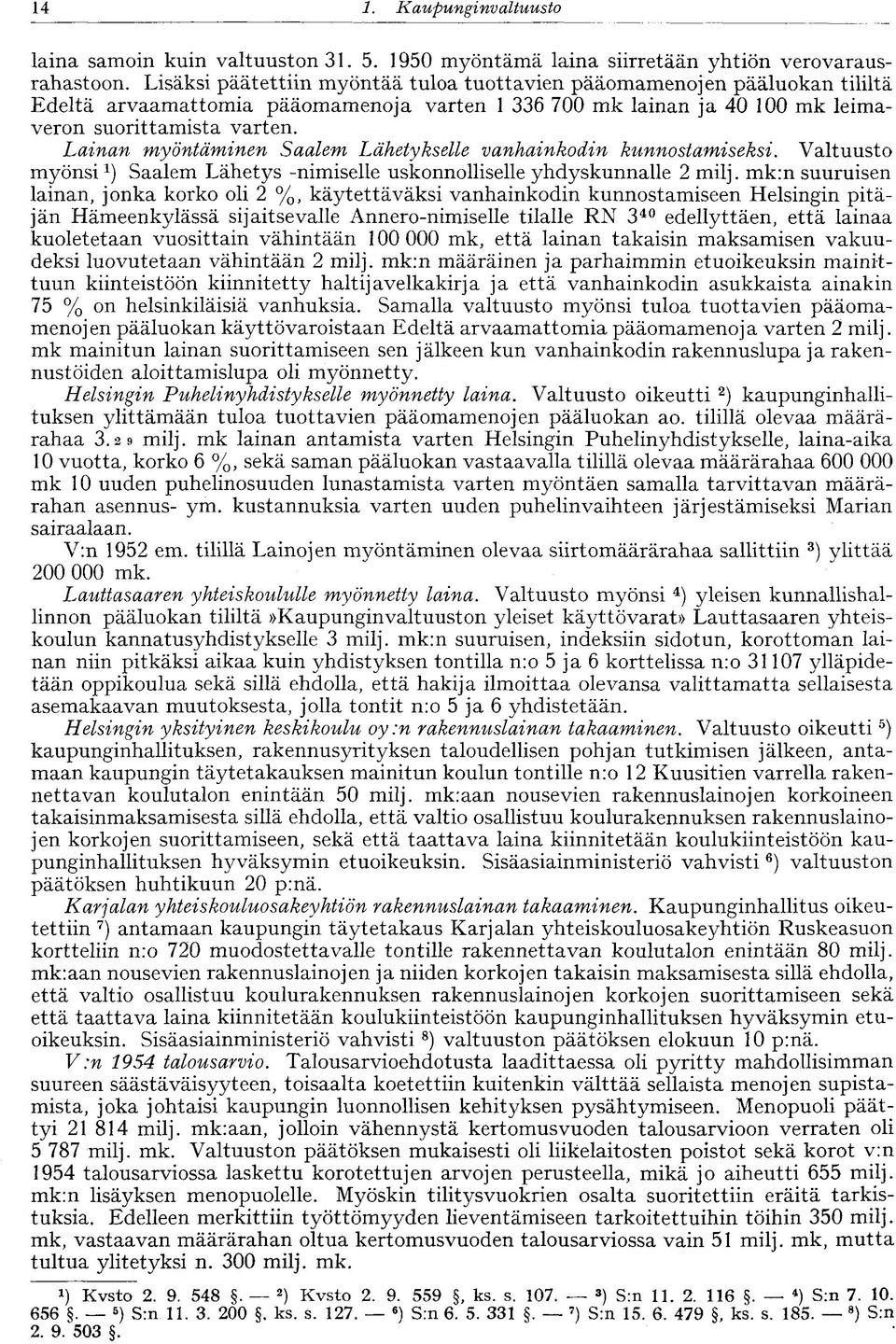 Lainan myöntäminen Saalem Lähetykselle vanhainkodin kunnostamiseksi. Valtuusto myönsisaalem Lähetys -nimiselle uskonnolliselle yhdyskunnalle 2 milj.