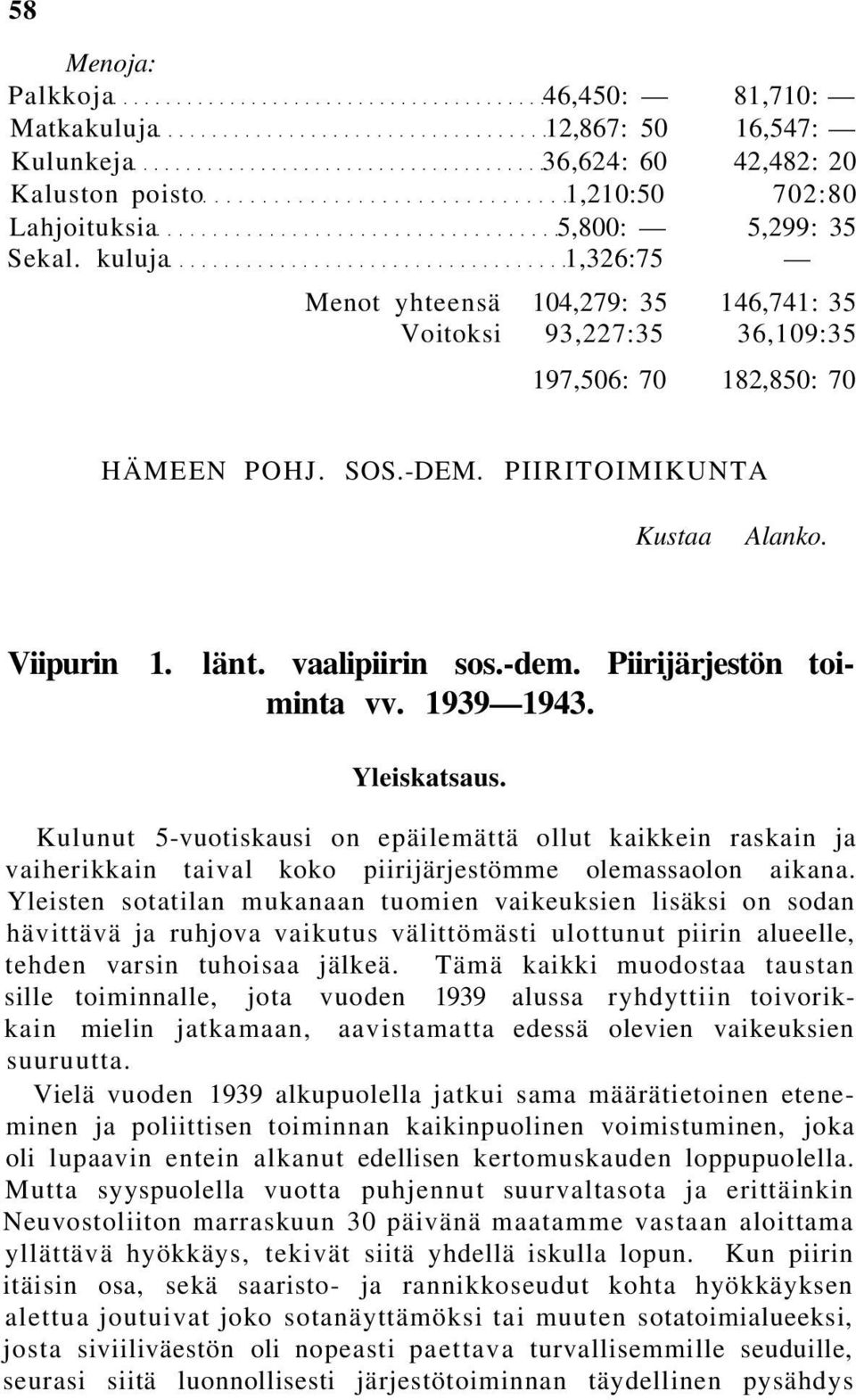 -dem. Piirijärjestön toiminta vv. 1939 1943. Yleiskatsaus. Kulunut 5-vuotiskausi on epäilemättä ollut kaikkein raskain ja vaiherikkain taival koko piirijärjestömme olemassaolon aikana.