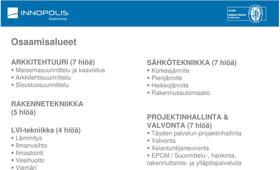 (7 hlöä) Korkeajännite Pienjännite Heikkojännite Rakennusautomaatio PROJEKTINHALLINTA & VALVONTA (7 hlöä) Täyden