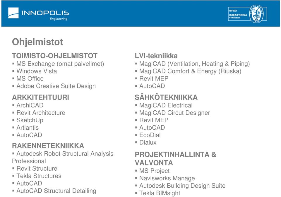 Structural Detailing LVI-tekniikka MagiCAD (Ventilation, Heating & Piping) MagiCAD Comfort & Energy (Riuska) Revit MEP AutoCAD SÄHKÖTEKNIIKKA MagiCAD