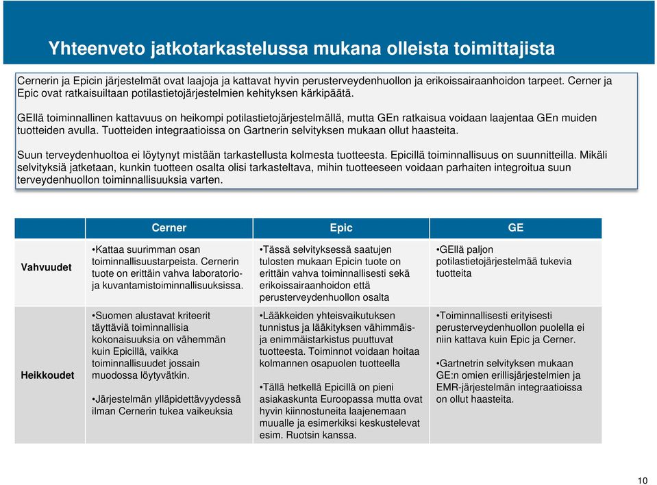 GEllä toiminnallinen kattavuus on heikompi potilastietojärjestelmällä, mutta GEn ratkaisua voidaan laajentaa GEn muiden tuotteiden avulla.