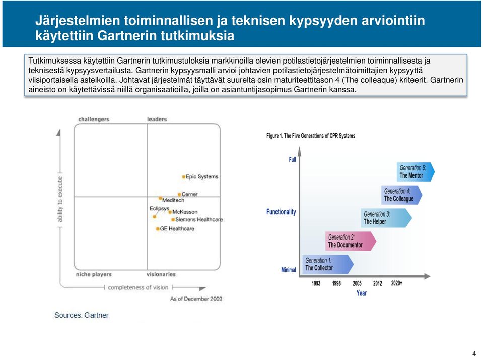 Gartnerin kypsyysmalli arvioi johtavien potilastietojärjestelmätoimittajien kypsyyttä viisiportaisella asteikoilla.