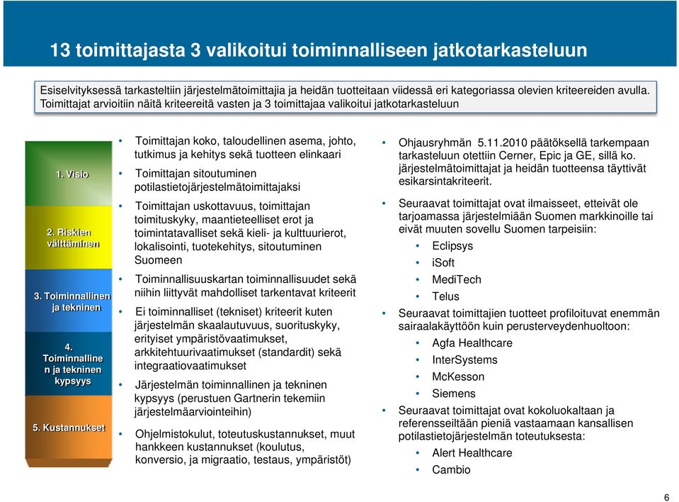 Kustannukset Toimittajan koko, taloudellinen asema, johto, tutkimus ja kehitys sekä tuotteen elinkaari Toimittajan sitoutuminen potilastietojärjestelmätoimittajaksi Toimittajan uskottavuus,