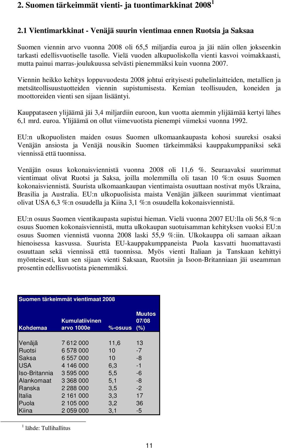 Vielä vuoden alkupuoliskolla vienti kasvoi voimakkaasti, mutta painui marras-joulukuussa selvästi pienemmäksi kuin vuonna 2007.