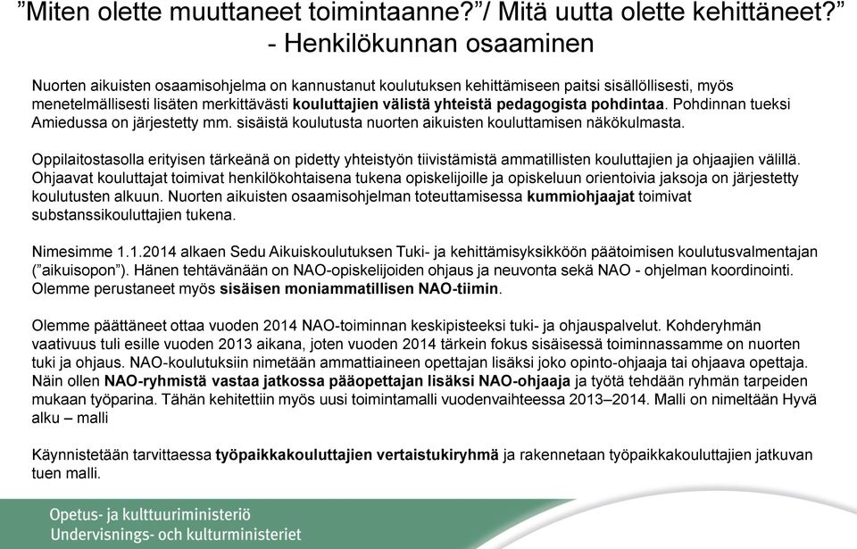 pedagogista pohdintaa. Pohdinnan tueksi Amiedussa on järjestetty mm. sisäistä koulutusta nuorten aikuisten kouluttamisen näkökulmasta.