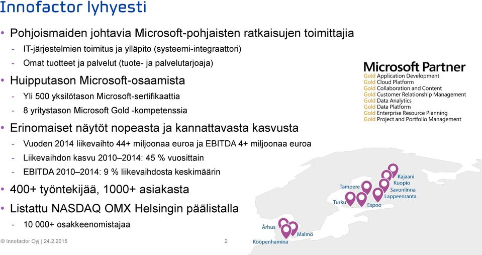 -kompetenssia Erinomaiset näytöt nopeasta ja kannattavasta kasvusta - Vuoden 2014 liikevaihto 44+ miljoonaa euroa ja EBITDA 4+ miljoonaa euroa - Liikevaihdon kasvu