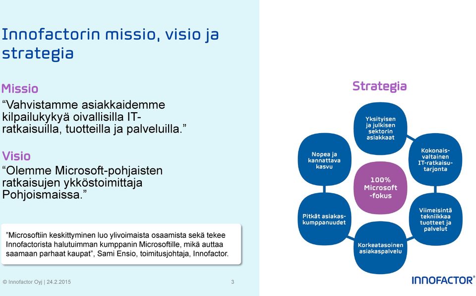 Strategia Visio Olemme Microsoft-pohjaisten ratkaisujen ykköstoimittaja Pohjoismaissa.