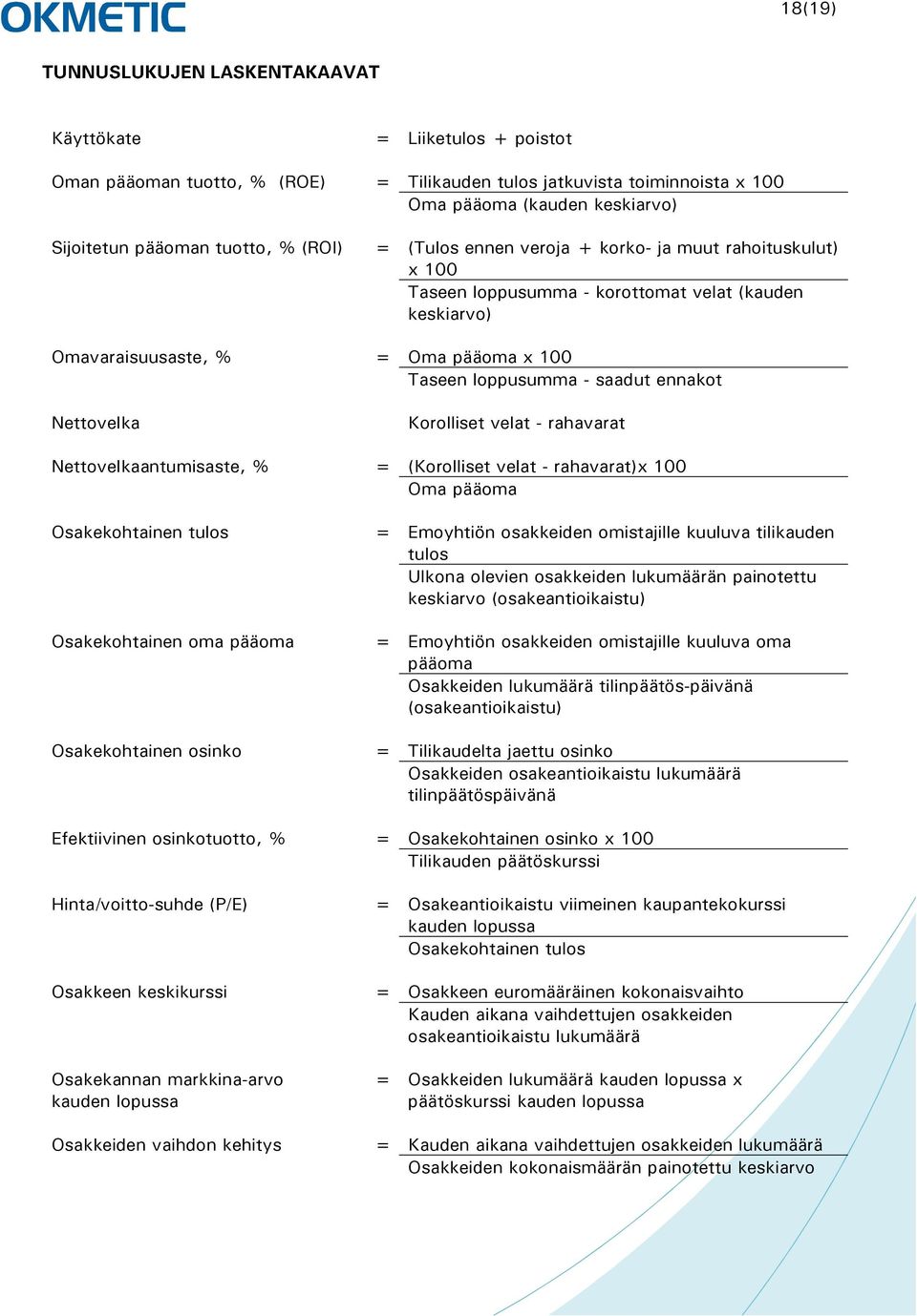 velat - rahavarat Nettovelkaantumisaste, % = (Korolliset velat - rahavarat)x 100 Oma pääoma Osakekohtainen tulos Osakekohtainen oma pääoma Osakekohtainen osinko = Emoyhtiön osakkeiden omistajille