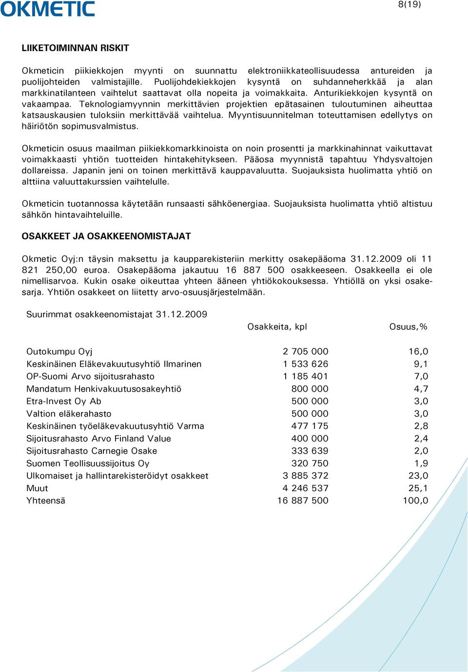 Teknologiamyynnin merkittävien projektien epätasainen tuloutuminen aiheuttaa katsauskausien tuloksiin merkittävää vaihtelua. Myyntisuunnitelman toteuttamisen edellytys on häiriötön sopimusvalmistus.