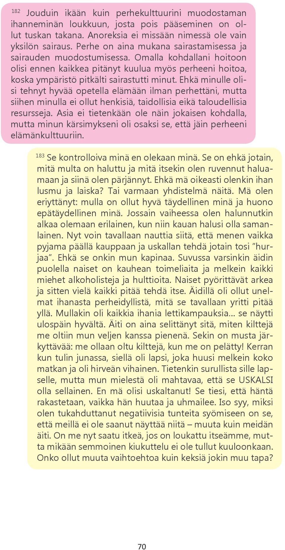 Ehkä minulle olisi tehnyt hyvää opetella elämään ilman perhettäni, mutta siihen minulla ei ollut henkisiä, taidollisia eikä taloudellisia resursseja.