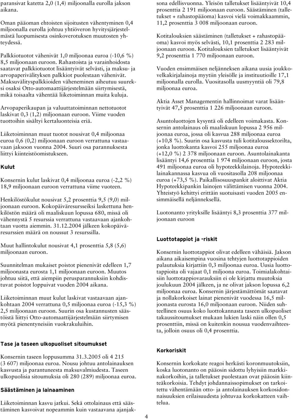 Palkkiotuotot vähenivät 1,0 miljoonaa euroa (-10,6 %) 8,5 miljoonaan euroon.