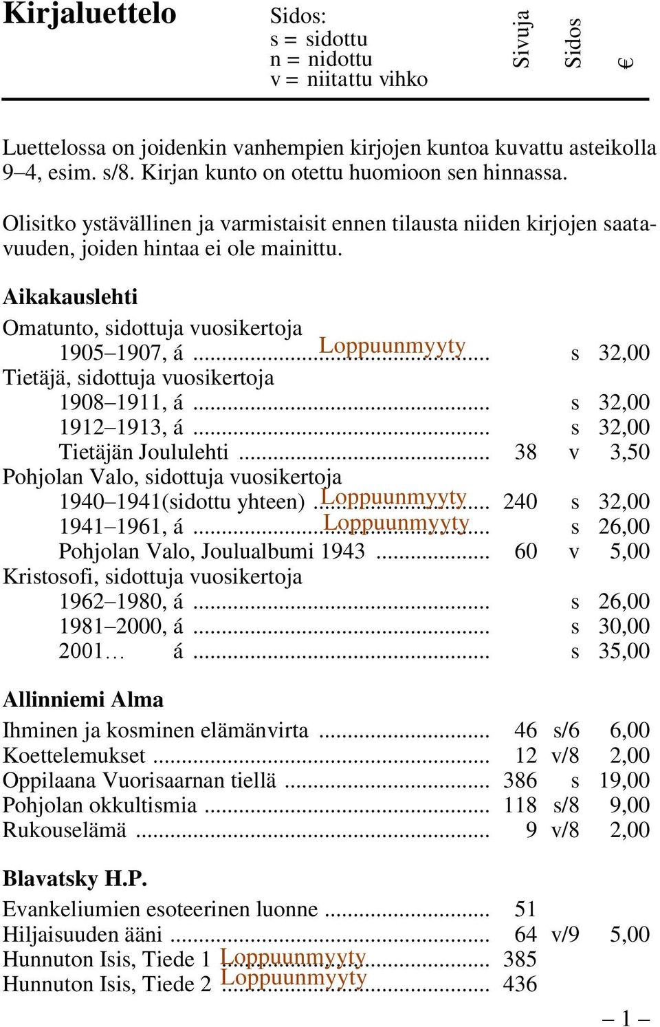 .. s 32,00 Tietäjä, sidottuja vuosikertoja 1908 1911, á... s 32,00 1912 1913, á... s 32,00 Tietäjän Joululehti... 38 v 3,50 Pohjolan Valo, sidottuja vuosikertoja 1940 1941(sidottu yhteen).