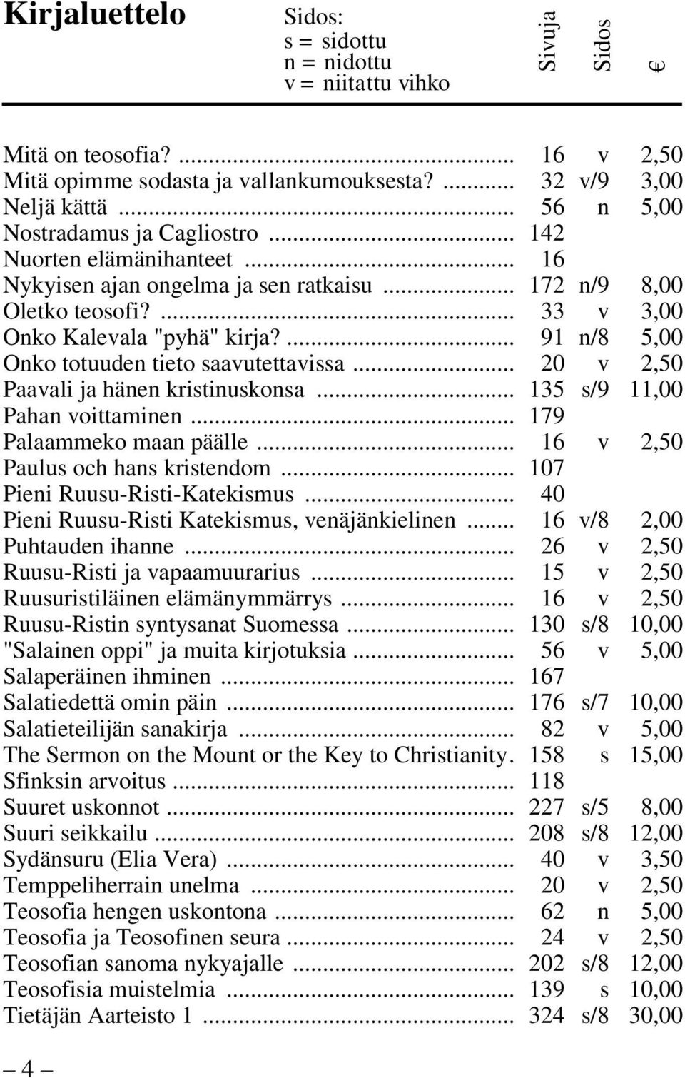 .. 20 v 2,50 Paavali ja hänen kristinuskonsa... 135 s/9 11,00 Pahan voittaminen... 179 Palaammeko maan päälle... 16 v 2,50 Paulus och hans kristendom... 107 Pieni Ruusu-Risti-Katekismus.