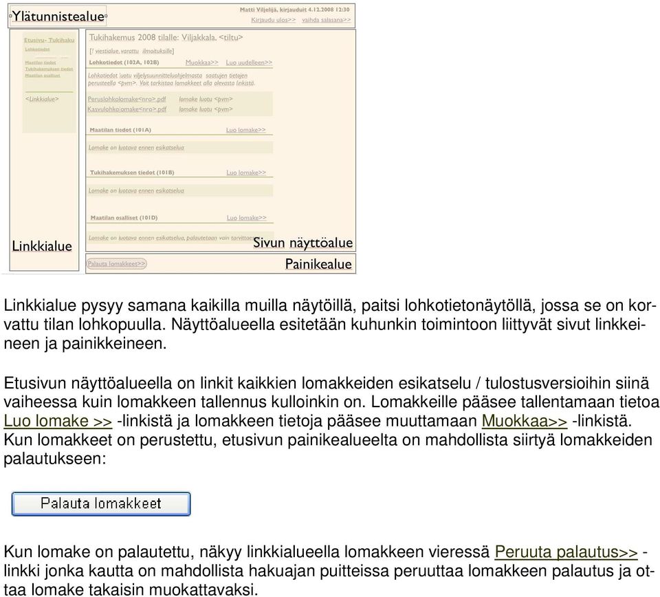 Etusivun näyttöalueella on linkit kaikkien lomakkeiden esikatselu / tulostusversioihin siinä vaiheessa kuin lomakkeen tallennus kulloinkin on.