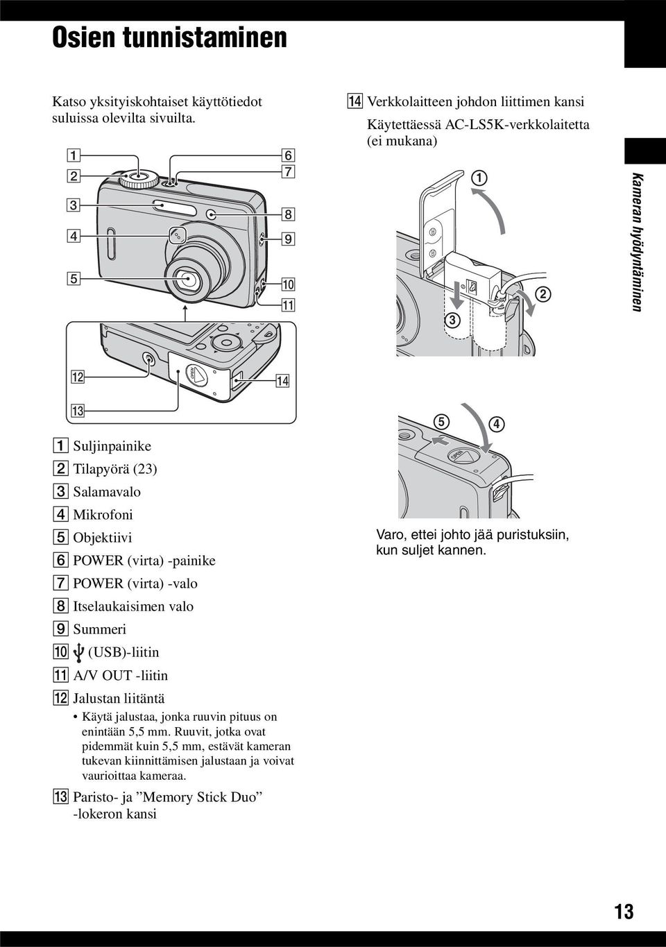 (23) C Salamavalo D Mikrofoni E Objektiivi F POWER (virta) -painike G POWER (virta) -valo H Itselaukaisimen valo I Summeri J (USB)-liitin K A/V OUT -liitin L Jalustan liitäntä