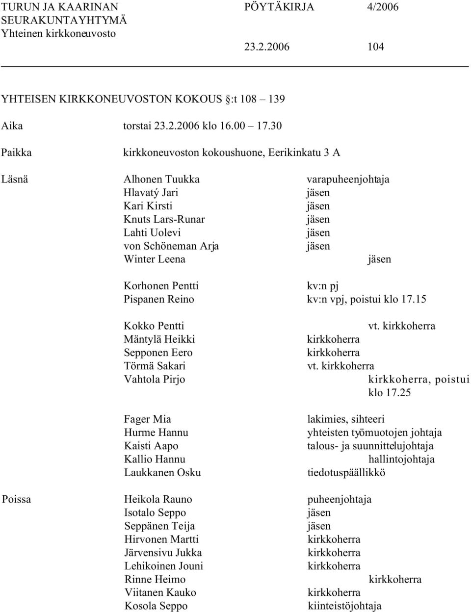 Winter Leena jäsen Korhonen Pentti kv:n pj Pispanen Reino kv:n vpj, poistui klo 17.