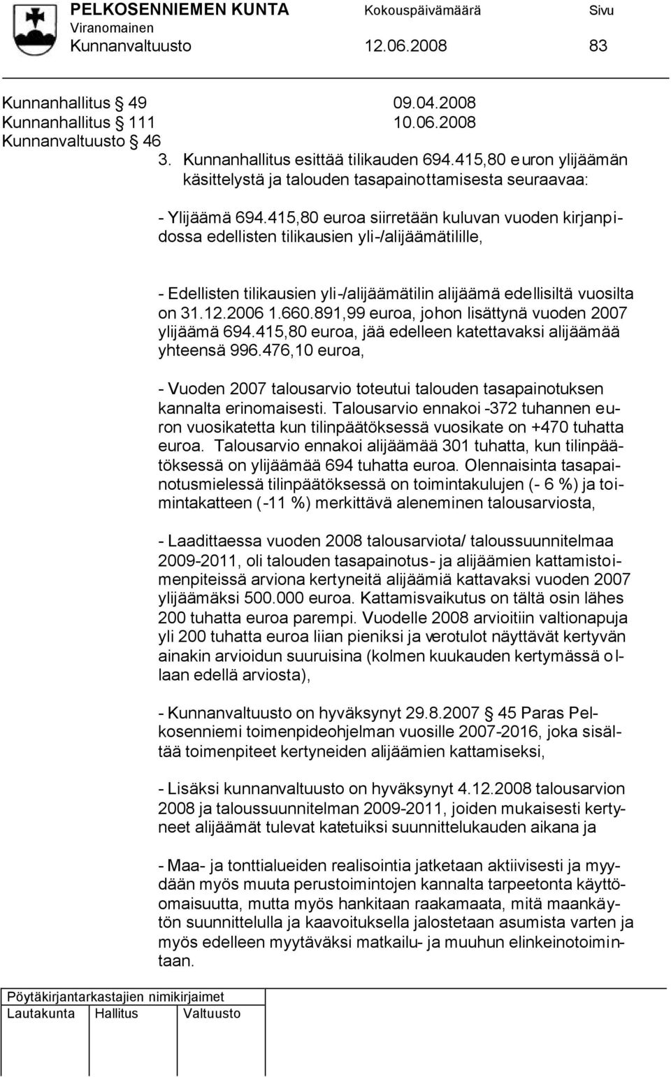 415,80 euroa siirretään kuluvan vuoden kirjanpidossa edellisten tilikausien yli-/alijäämätilille, - Edellisten tilikausien yli-/alijäämätilin alijäämä edellisiltä vuosilta on 31.12.2006 1.660.