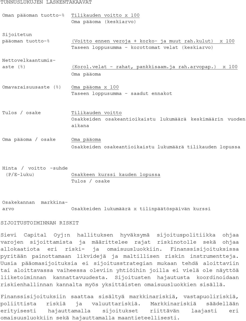 ) x 100 Oma pääoma Omavaraisuusaste (%) Oma pääoma x 100 Taseen loppusumma - saadut ennakot Tulos / osake Oma pääoma / osake Tilikauden voitto Osakkeiden osakeantioikaistu lukumäärä keskimäärin