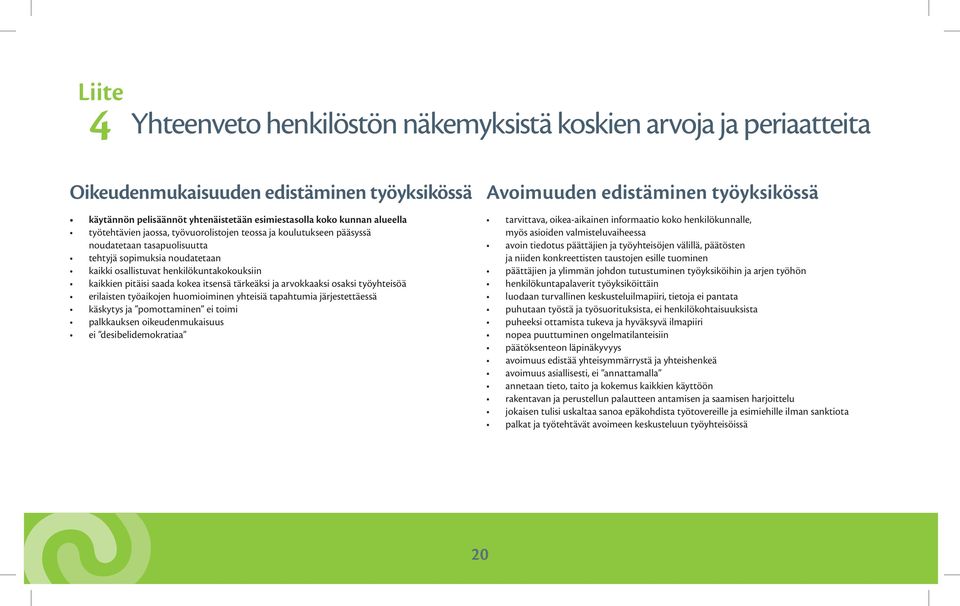 kokea itsensä tärkeäksi ja arvokkaaksi osaksi työyhteisöä erilaisten työaikojen huomioiminen yhteisiä tapahtumia järjestettäessä käskytys ja pomottaminen ei toimi palkkauksen oikeudenmukaisuus ei