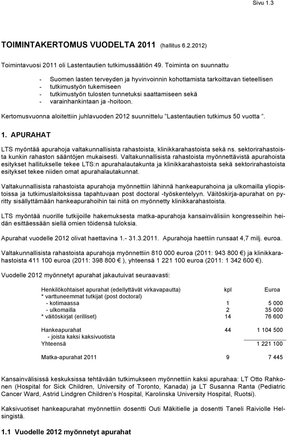 varainhankintaan ja -hoitoon. Kertomusvuonna aloitettiin juhlavuoden 2012 suunnittelu Lastentautien tutkimus 50 vuotta. 1.