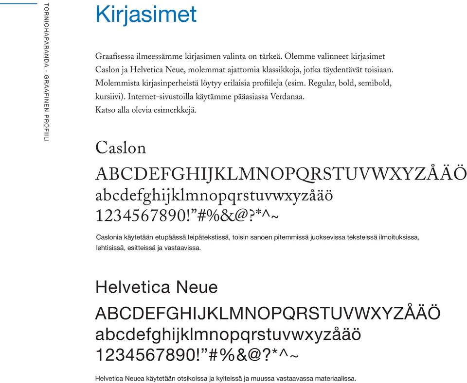 Regular, bold, semibold, kursiivi). Internet-sivustoilla käytämme pääasiassa Verdanaa. Katso alla olevia esimerkkejä. Caslon ABCDEFGHIJKLMNOPQRSTUVWXYZÅÄÖ abcdefghijklmnopqrstuvwxyzåäö 1234567890!