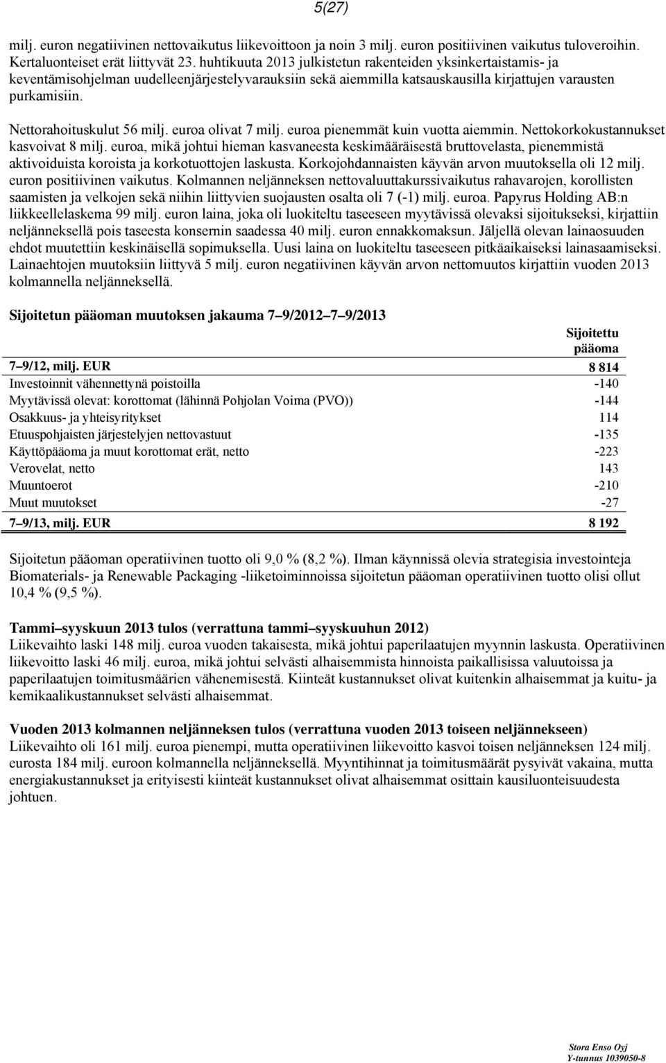 Nettorahoituskulut 56 milj. euroa olivat 7 milj. euroa pienemmät kuin vuotta aiemmin. Nettokorkokustannukset kasvoivat 8 milj.