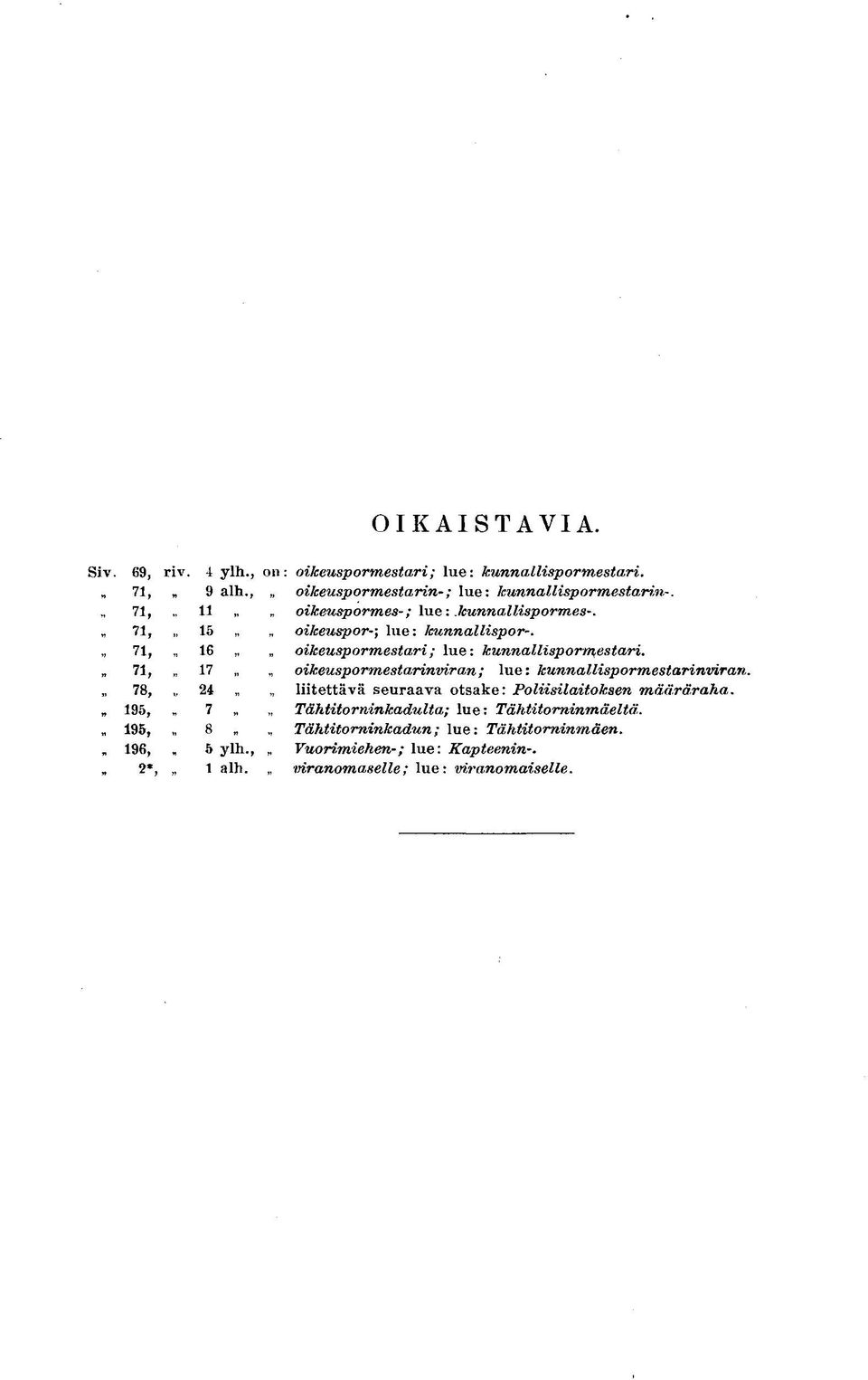 17 oikeuspormestarinviran; lue: kunnallispormestarinviran. 78, 24 liitettävä seuraava otsake: Poliisilaitoksen määräraha.