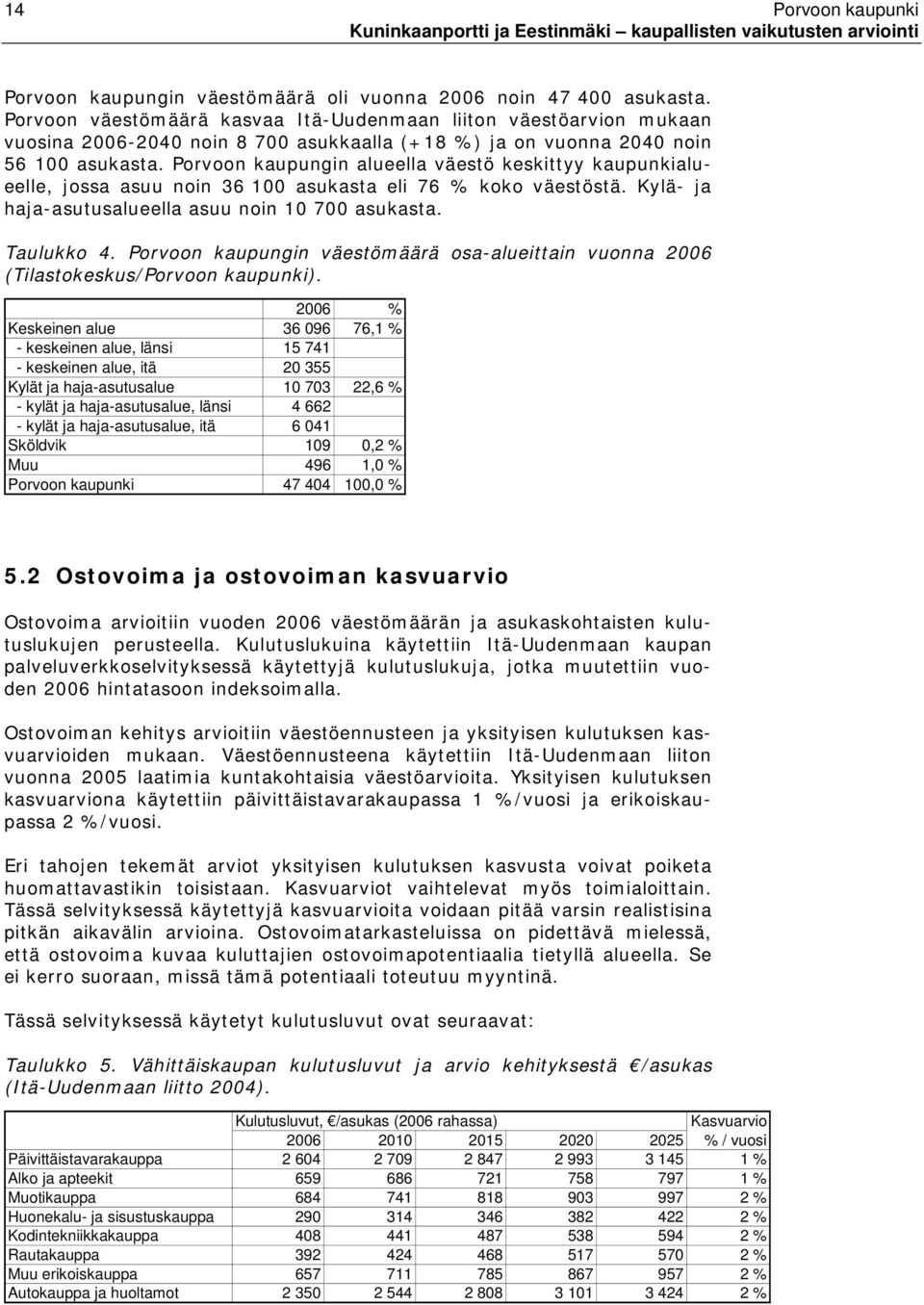 Porvoon kaupungin alueella väestö keskittyy kaupunkialueelle, jossa asuu noin 36 100 asukasta eli 76 % koko väestöstä. Kylä- ja haja-asutusalueella asuu noin 10 700 asukasta. Taulukko 4.