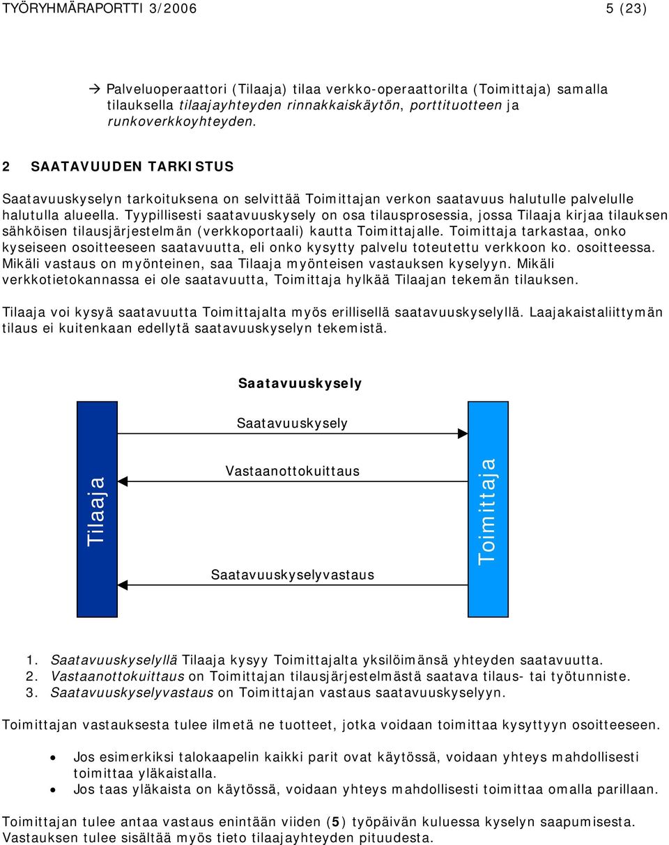 Tyypillisesti saatavuuskysely on osa tilausprosessia, jossa Tilaaja kirjaa tilauksen sähköisen tilausjärjestelmän (verkkoportaali) kautta Toimittajalle.