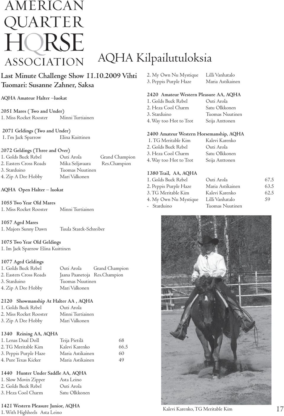 Easters Cross Roads Mika Seljavaara Res.Champion 3. Starduino Tuomas Nuutinen 4. Zip A Dee Hobby Mari Valkonen AQHA Open Halter luokat 1055 Two Year Old Mares 1.