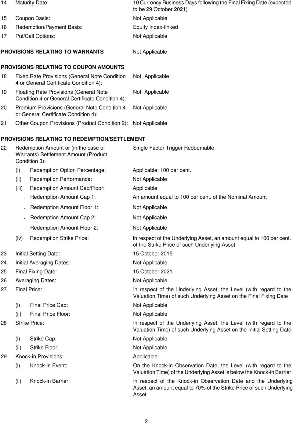 Condition 4): 19 Floating Rate Provisions (General Note Condition 4 or General Certificate Condition 4): Not Applicable Not Applicable 20 Premium Provisions (General Note Condition 4 or General