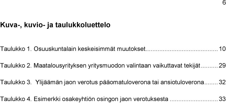 Maatalousyrityksen yritysmuodon valintaan vaikuttavat tekijät... 29 Taulukko 3.