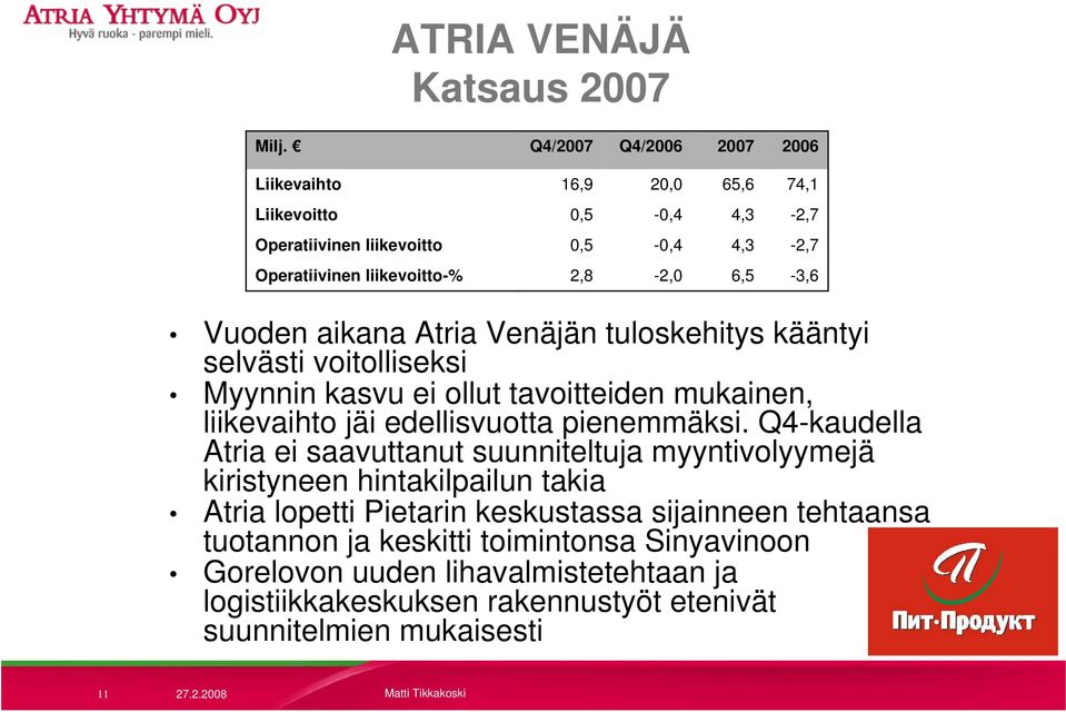 6,5-3,6 Vuoden aikana Atria Venäjän tuloskehitys kääntyi selvästi voitolliseksi Myynnin kasvu ei ollut tavoitteiden mukainen, liikevaihto jäi edellisvuotta pienemmäksi.