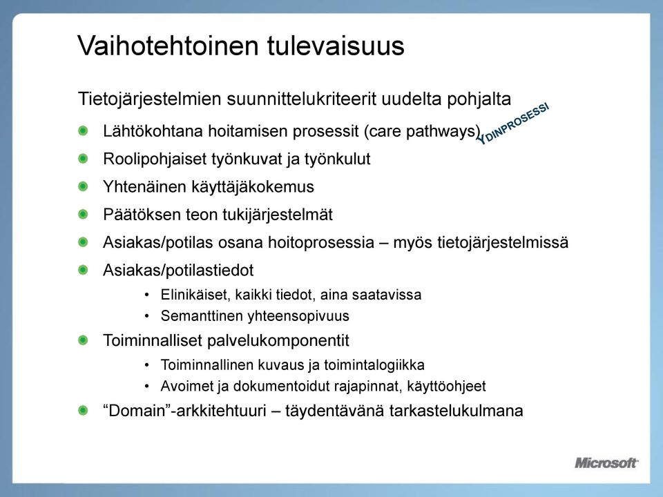 tietojärjestelmissä Asiakas/potilastiedot Elinikäiset, kaikki tiedot, aina saatavissa Semanttinen yhteensopivuus Toiminnalliset