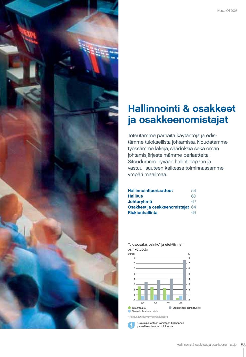 Hallinnointiperiaatteet 54 Hallitus 60 Johtoryhmä 62 Osakkeet ja osakkeenomistajat 64 Riskienhallinta 66 Tulos/osake, osinko* ja efektiivinen osinkotuotto Euroa 8 7 6 5 4 3 2 1 % 8 7 6