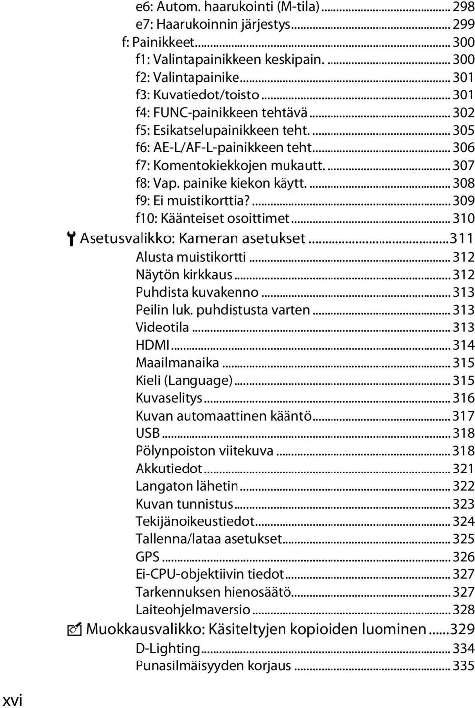 ... 308 f9: Ei muistikorttia?... 309 f10: Käänteiset osoittimet... 310 B Asetusvalikko: Kameran asetukset...311 Alusta muistikortti... 312 Näytön kirkkaus... 312 Puhdista kuvakenno... 313 Peilin luk.