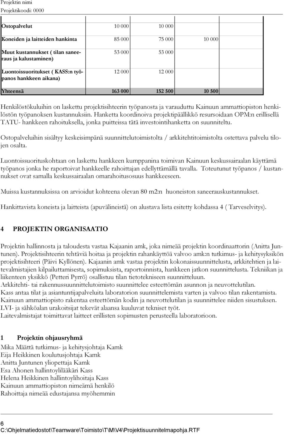 Hanketta koordinoiva projektipäällikkö resursoidaan OPM:n erillisellä TATU- hankkeen rahoituksella, jonka puitteissa tätä investointihanketta on suunniteltu.