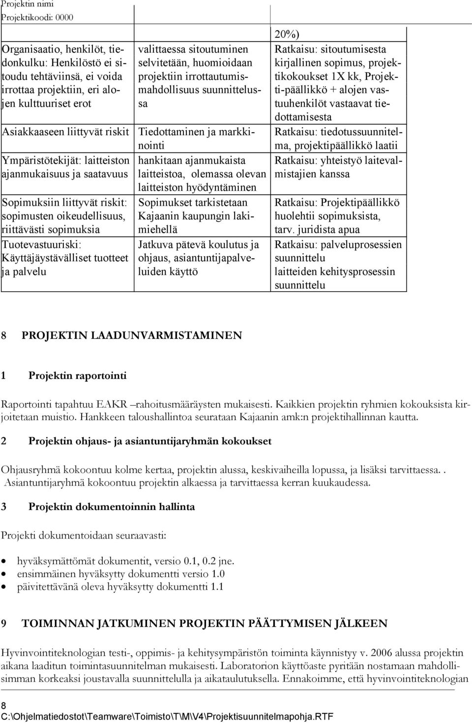 selvitetään, huomioidaan projektiin irrottautumismahdollisuus suunnittelussa Tiedottaminen ja markkinointi hankitaan ajanmukaista laitteistoa, olemassa olevan laitteiston hyödyntäminen Sopimukset