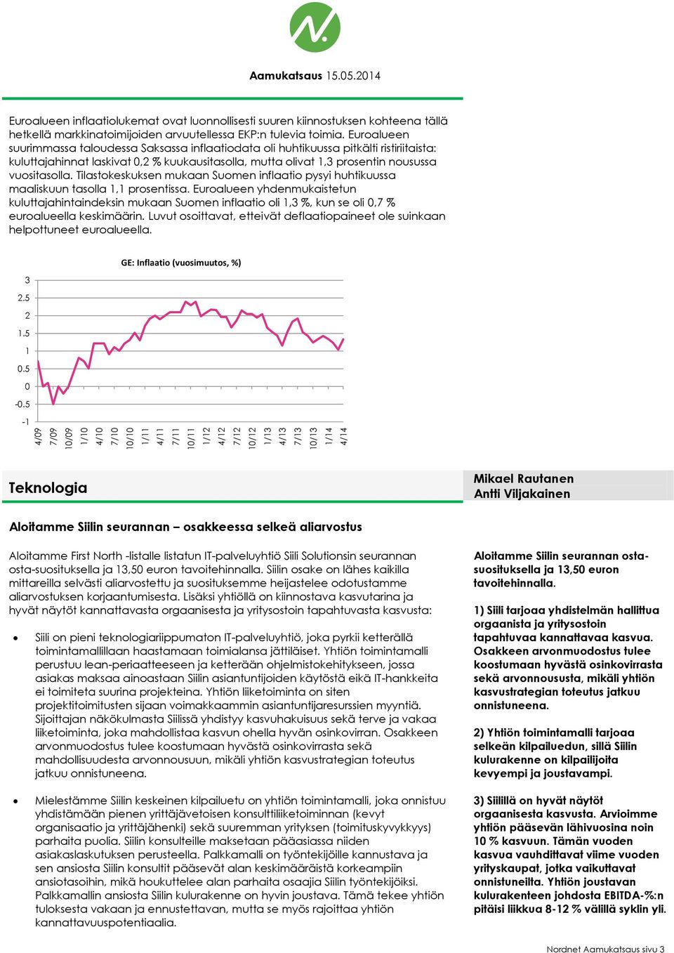 Euroalueen suurimmassa taloudessa Saksassa inflaatiodata oli huhtikuussa pitkälti ristiriitaista: kuluttajahinnat laskivat 0,2 % kuukausitasolla, mutta olivat 1,3 prosentin nousussa vuositasolla.