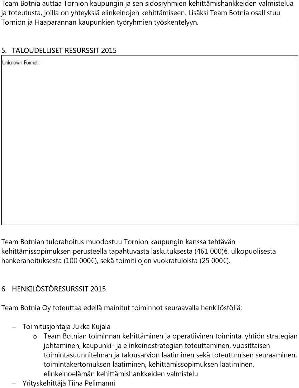 TALOUDELLISET RESURSSIT 2015 Team Botnian tulorahoitus muodostuu Tornion kaupungin kanssa tehtävän kehittämissopimuksen perusteella tapahtuvasta laskutuksesta (461 000), ulkopuolisesta