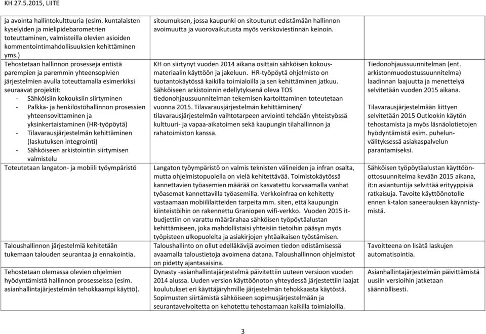 henkilöstöhallinnon prosessien yhteensovittaminen ja yksinkertaistaminen (HR-työpöytä) - Tilavarausjärjestelmän kehittäminen (laskutuksen integrointi) - Sähköiseen arkistointiin siirtymisen