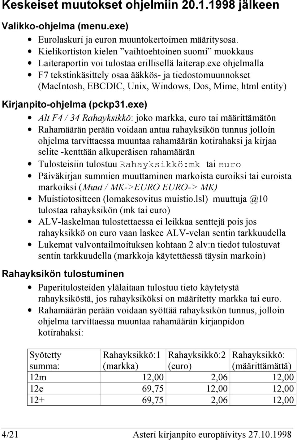 exe ohjelmalla F7 tekstinkäsittely osaa ääkkös- ja tiedostomuunnokset (MacIntosh, EBCDIC, Unix, Windows, Dos, Mime, html entity) Kirjanpito-ohjelma (pckp31.