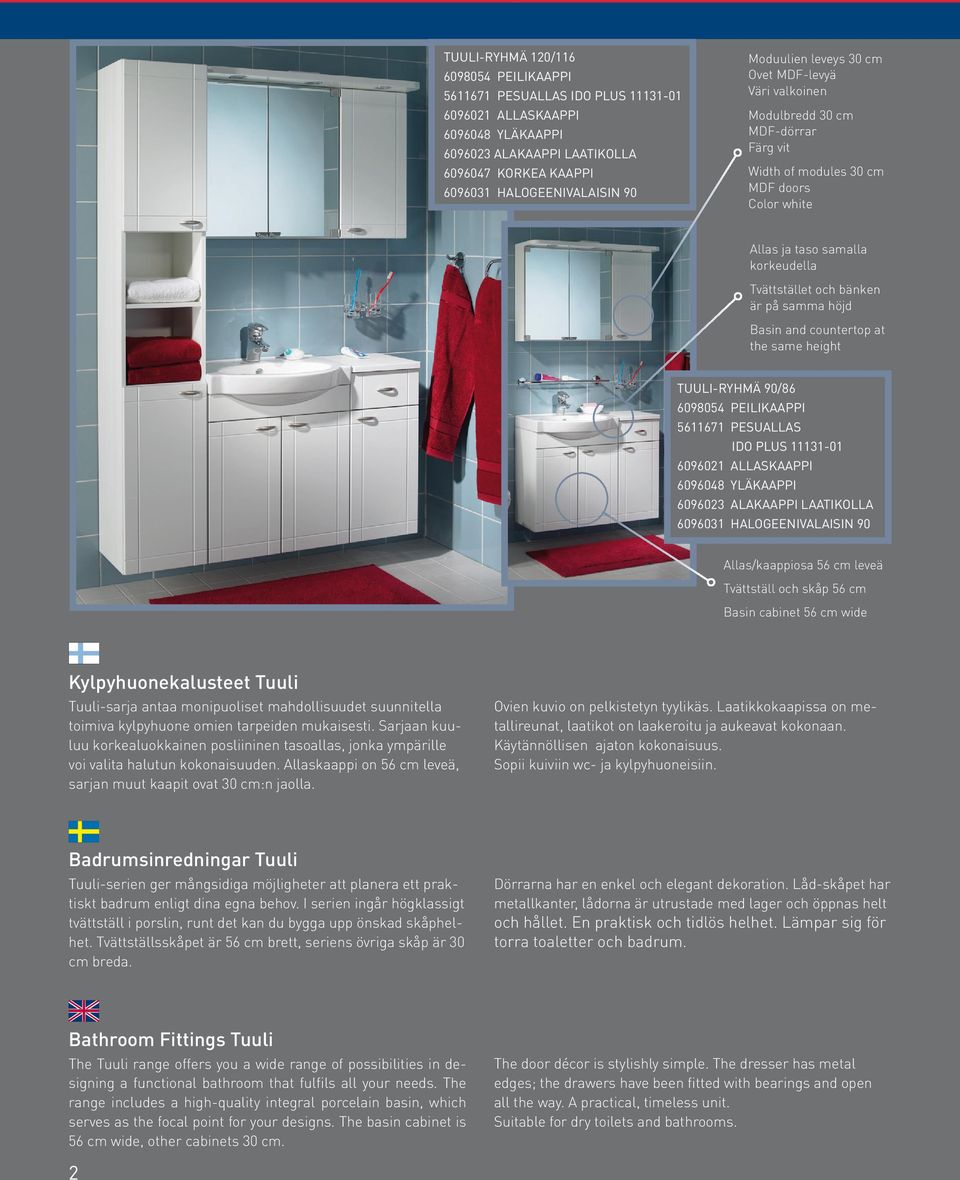 samma höjd Basin and countertop at the same height TUULI-RYHMÄ 90/86 6098054 PEILIKAAPPI 5611671 PESUALLAS IDO PLUS 11131-01 6096021 ALLASKAAPPI 6096048 YLÄKAAPPI 6096023 ALAKAAPPI LAATIKOLLA 6096031