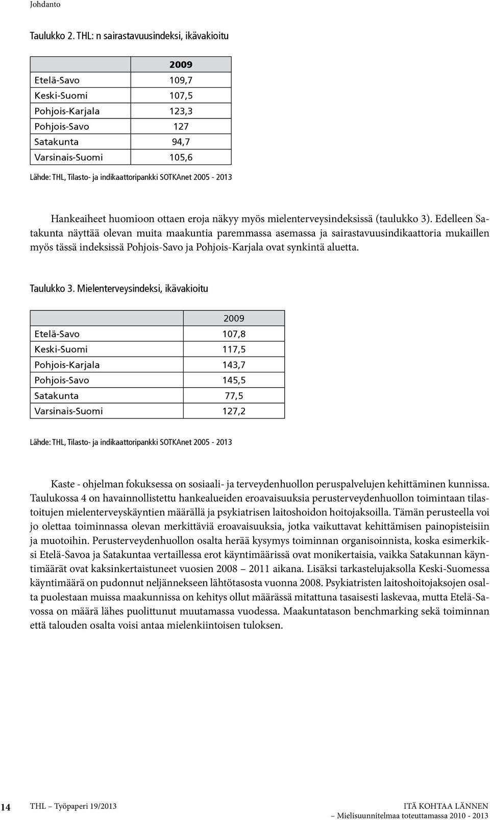 SOTKAnet 2005-2013 Hankeaiheet huomioon ottaen eroja näkyy myös mielenterveysindeksissä (taulukko 3).