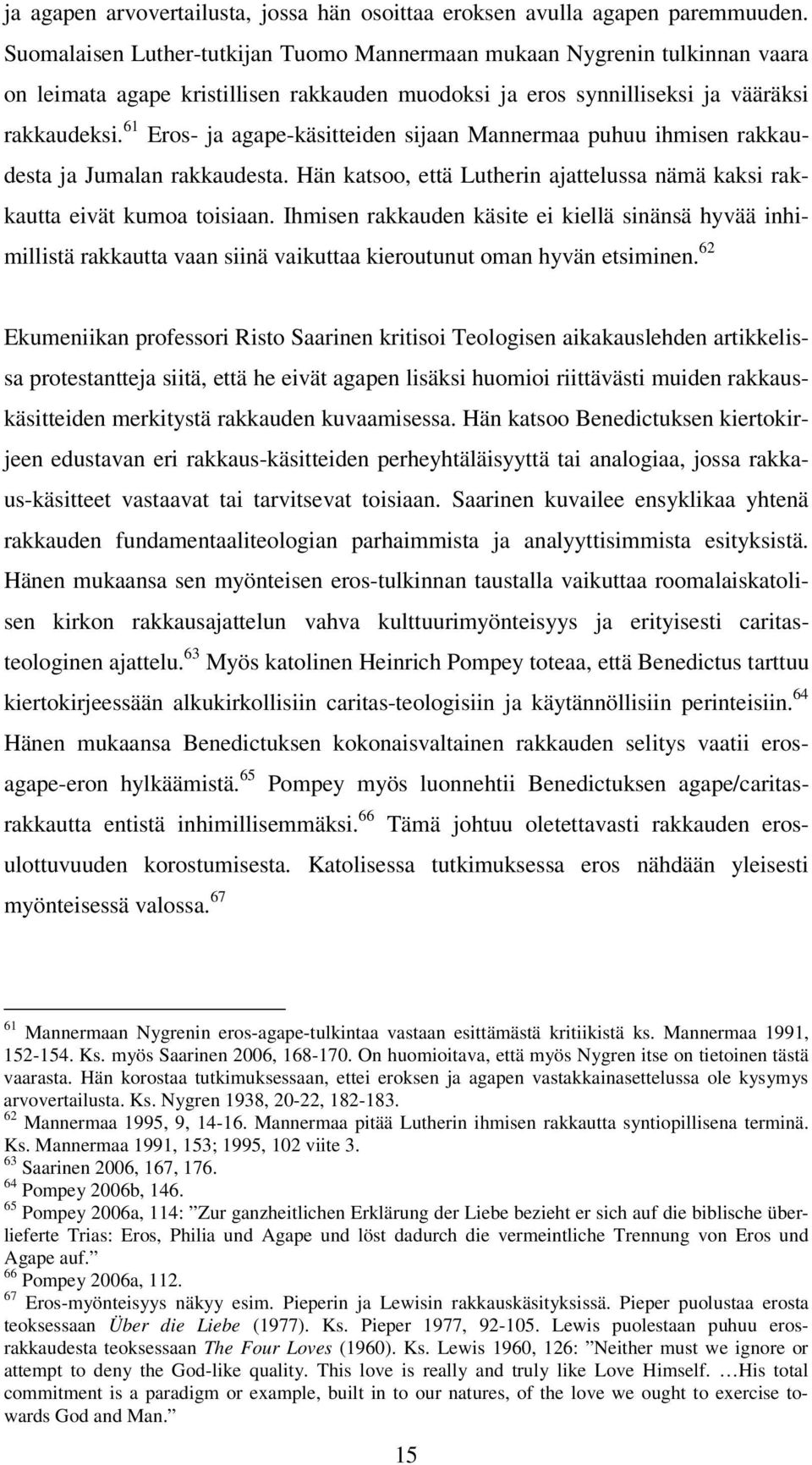 61 Eros- ja agape-käsitteiden sijaan Mannermaa puhuu ihmisen rakkaudesta ja Jumalan rakkaudesta. Hän katsoo, että Lutherin ajattelussa nämä kaksi rakkautta eivät kumoa toisiaan.